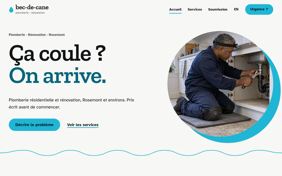 Site Bec-de-Cane (plomberie et rénovation), page d’accueil sur un écran d’ordinateur