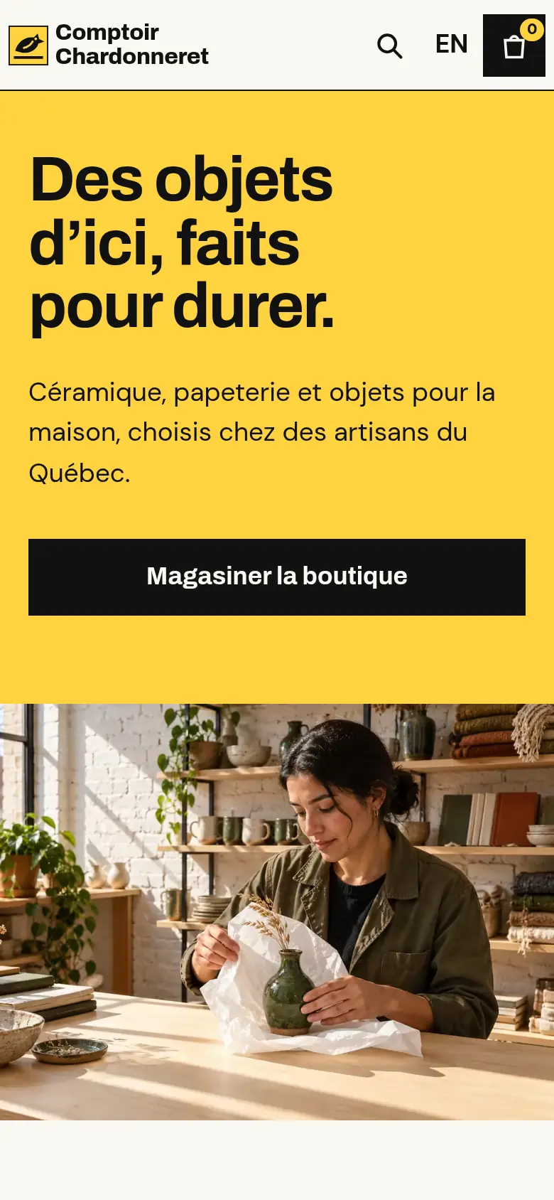 La même page d’accueil de Comptoir Chardonneret, sur un cellulaire