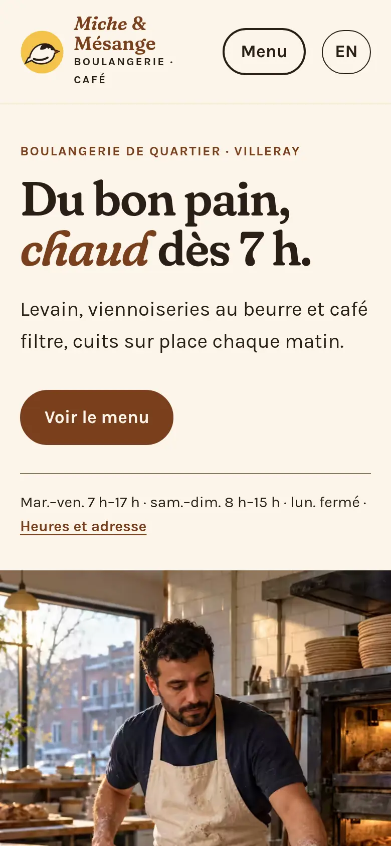 La même page d’accueil de Miche & Mésange, sur un cellulaire